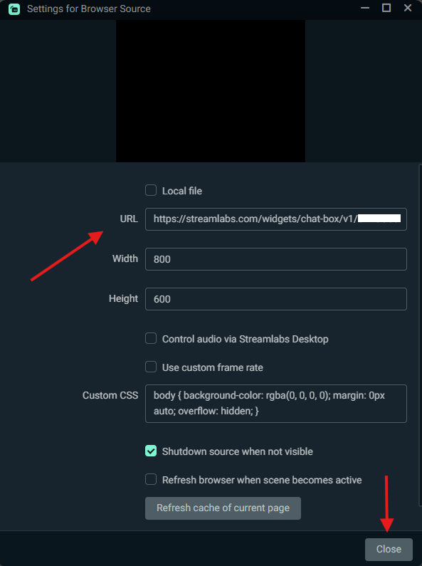 Browser source settings